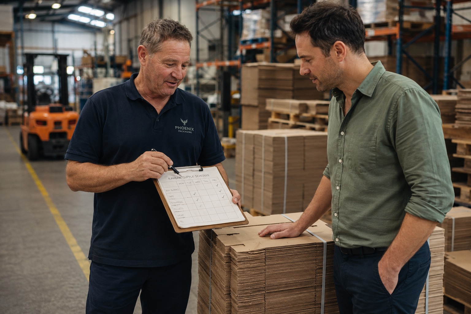 A Phoenix Packaging floor manager in a navy polo holding a clipboard with a hand-drawn kanban supply schedule, mid-conversation with a customer in a sage button-up shirt whose hand rests on a banded stack of flat-packed kraft mailer blanks, in the Berkeley Vale warehouse