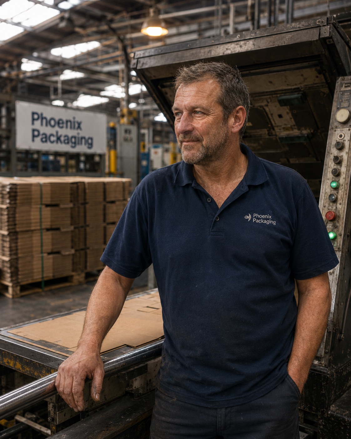 A Phoenix Packaging floor manager in his navy work polo leaning on the die-cutting press chrome rail in the Berkeley Vale, NSW factory, with pallets of finished flat-packed kraft mailer blanks behind him