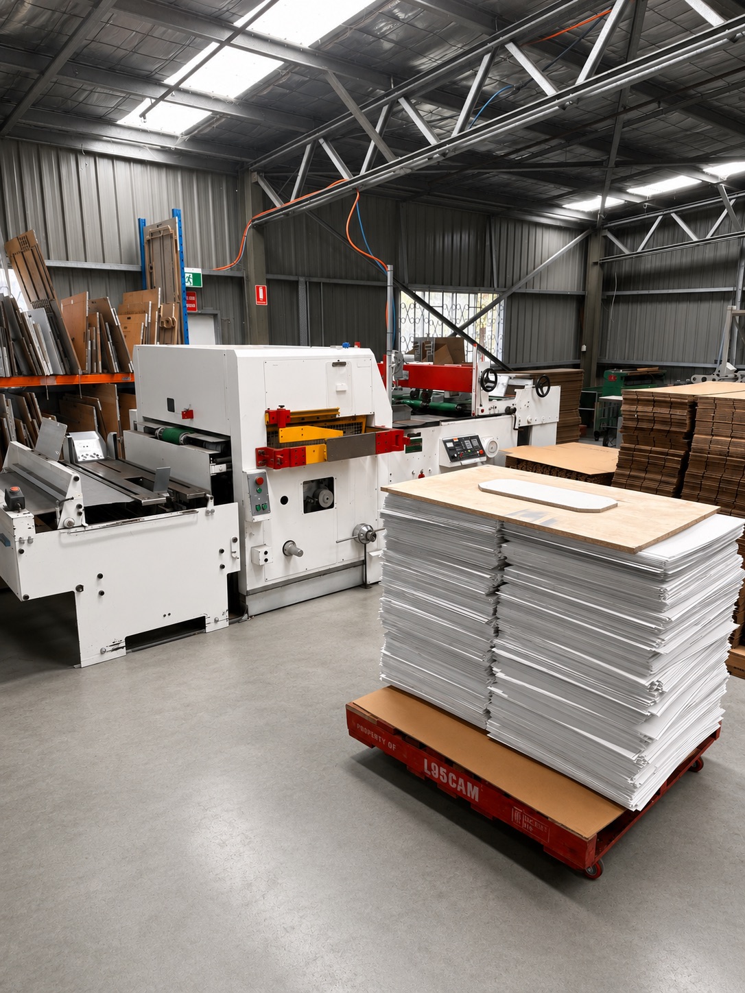 Die-cutting press with a pallet of freshly cut white board
