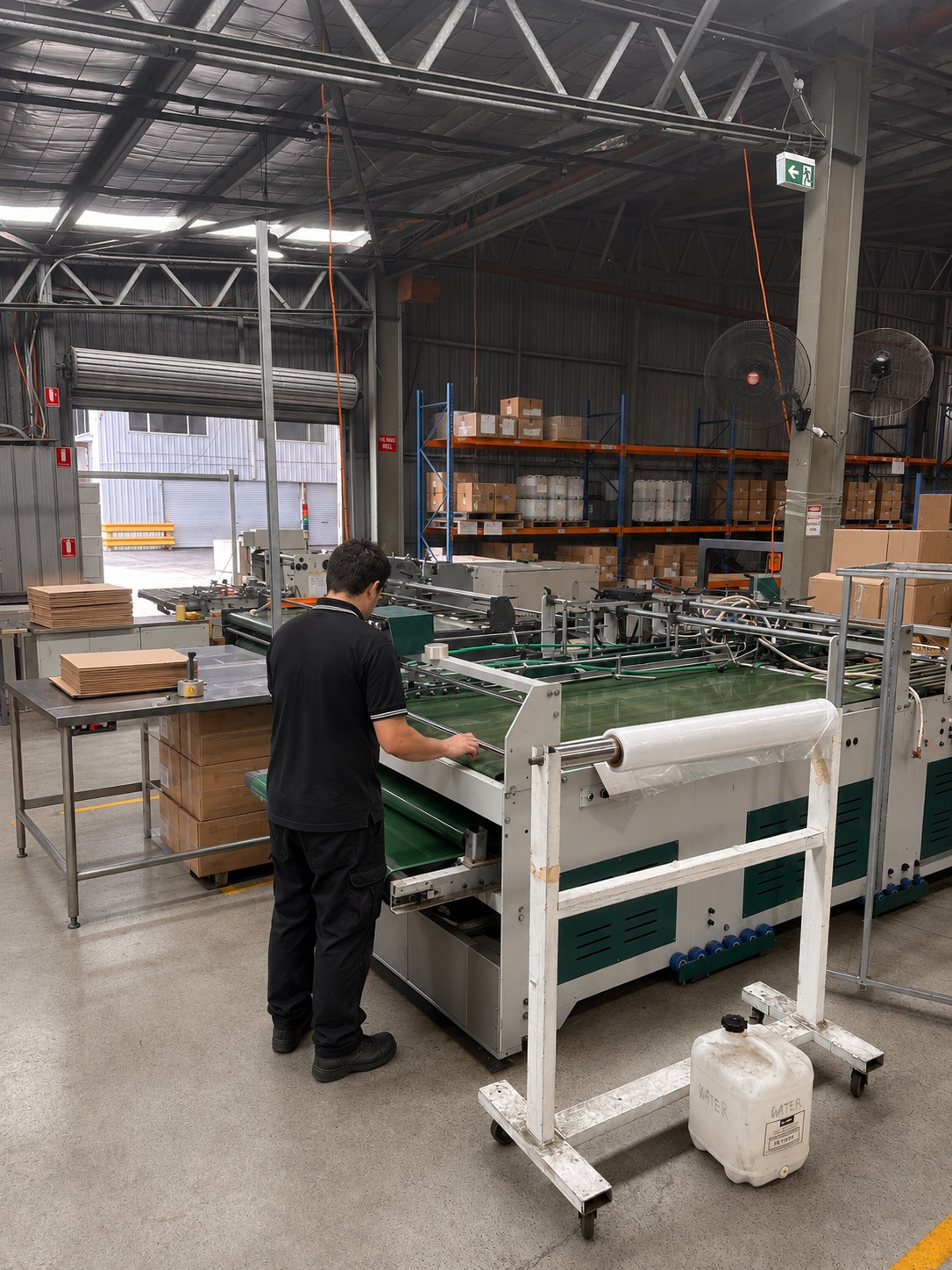Operator running a folder–gluer in the Phoenix Packaging finishing line