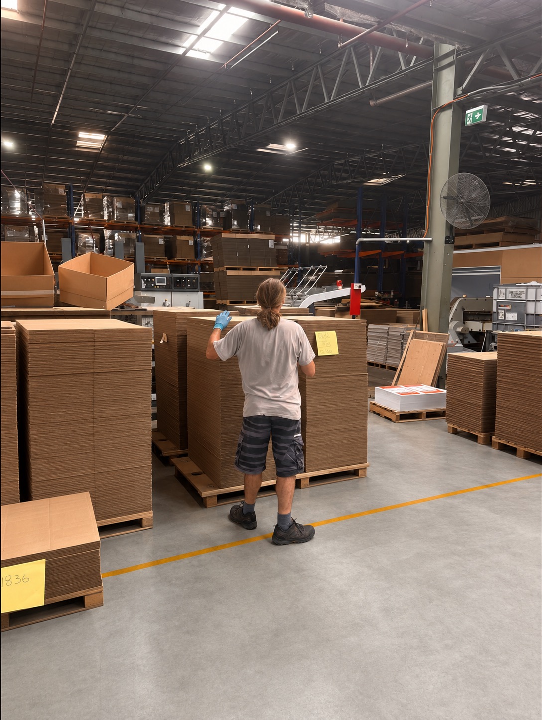 Operator pulling pallets of corrugated stock cartons on the warehouse floor