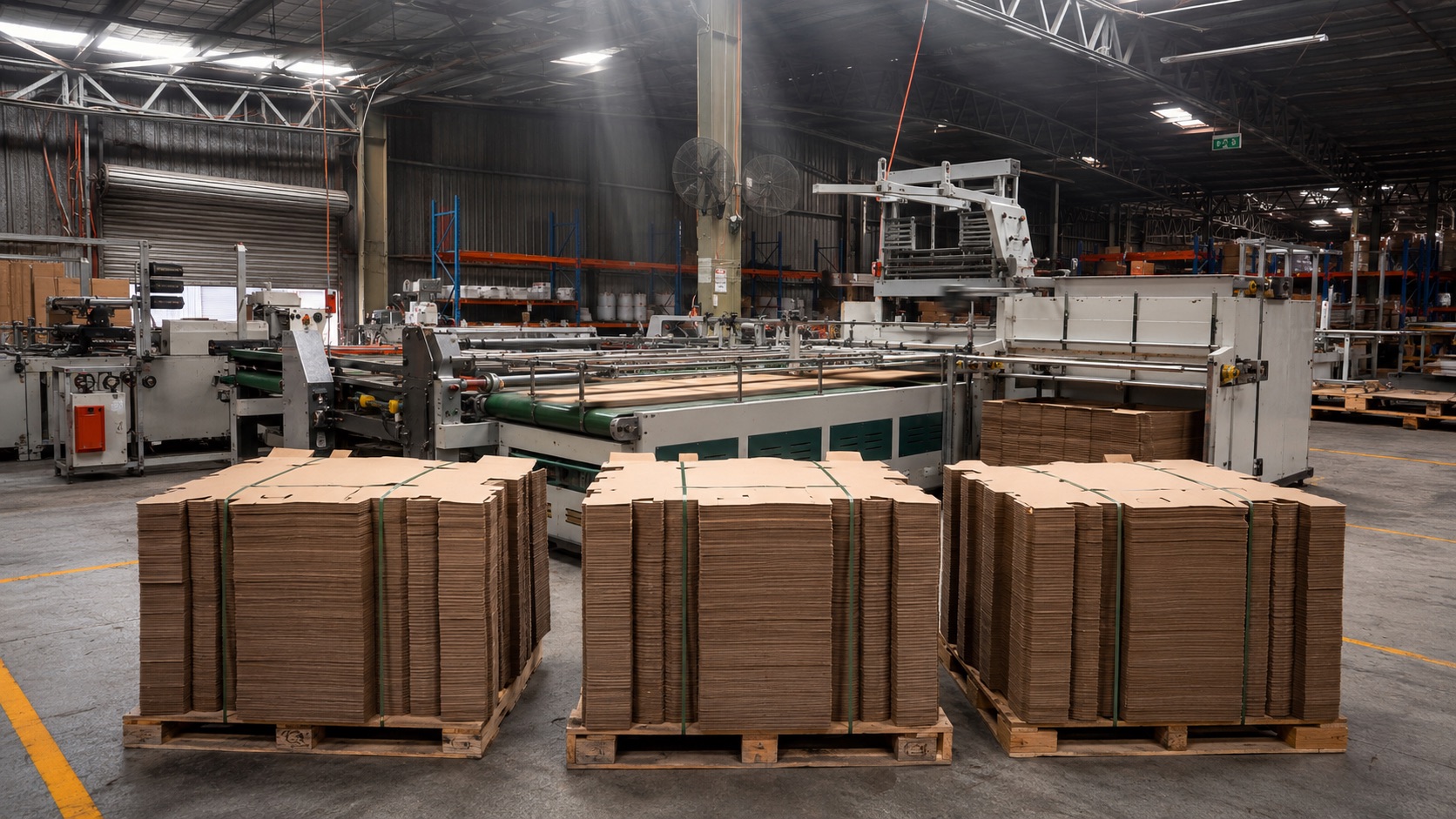 Three pallets of flat-packed kraft mailer-box blanks with a folder-gluer machine running mid-ground at Phoenix Packaging's Berkeley Vale factory