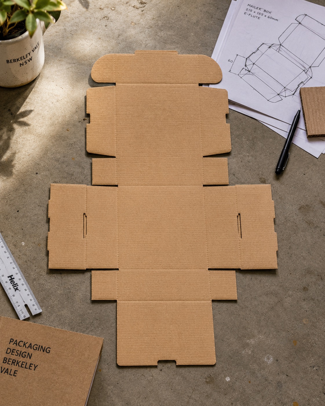 Flat kraft mailer-box dieline laid out on a concrete benchtop alongside a technical drawing, ruler and Phoenix Packaging design notebook in the Berkeley Vale studio