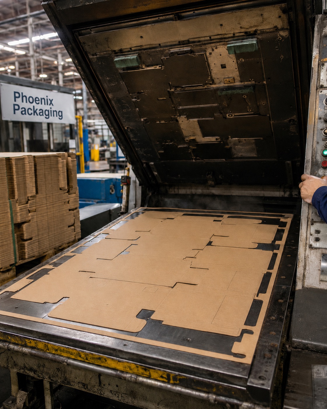 Die-cutting press at Phoenix Packaging Berkeley Vale with a freshly die-cut flat kraft sheet showing multiple mailer-box dielines nested with the waste matrix still attached, a pallet of finished flat-pack dielines to the left and the press operator at the control panel