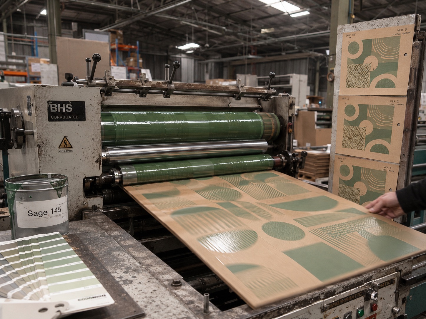 A flexo printing press inking a bold sage-green geometric pattern onto a flat kraft corrugated sheet with a Sage 145 paint can and Pantone fan in the foreground