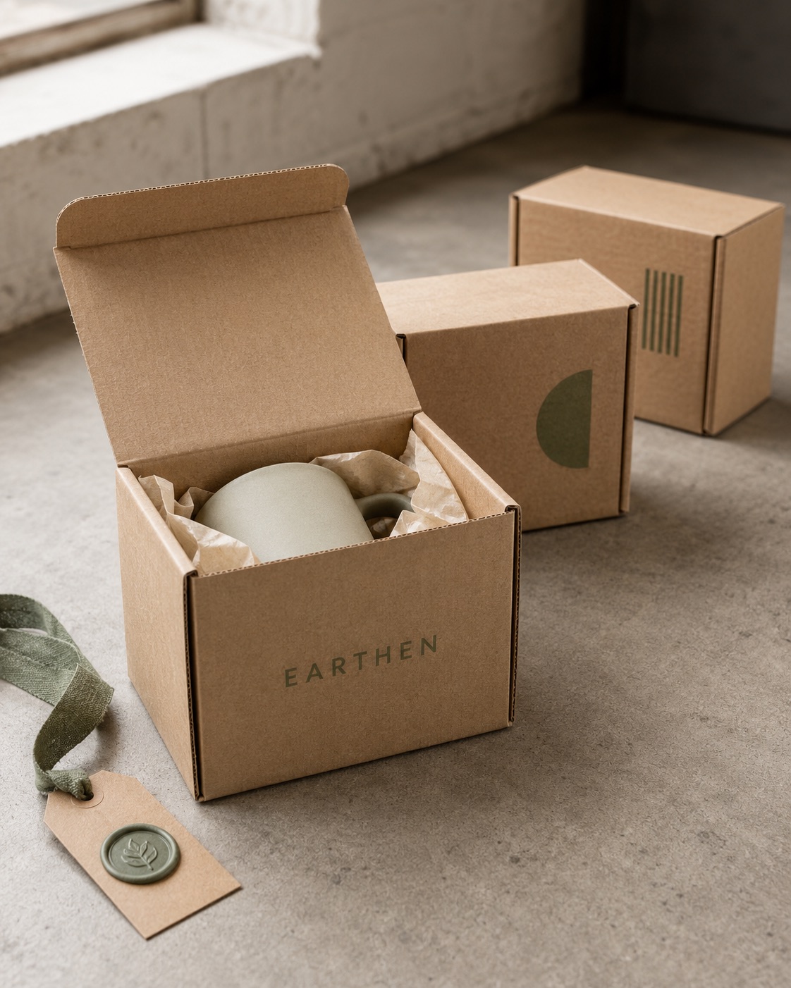 An open kraft mailer holding a sage ceramic mug wrapped in unbleached tissue paper, with two closed printed mailers, a kraft hangtag and sage cotton ribbon alongside