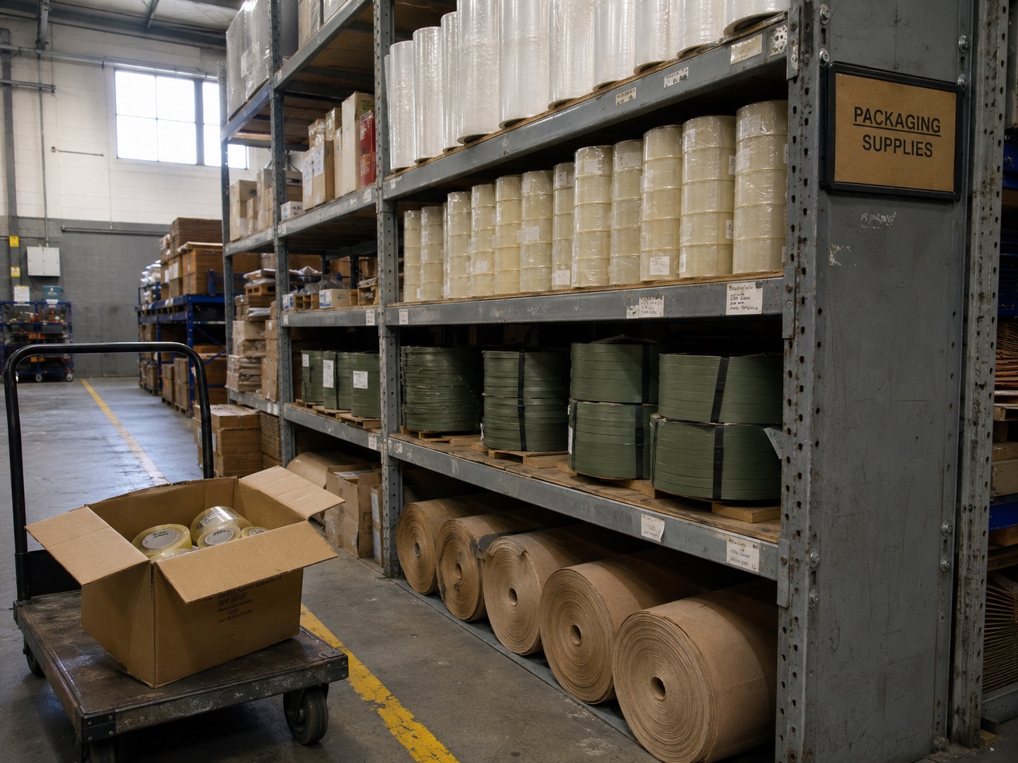 Industrial shelving in the Phoenix Packaging supplies storeroom holding stretch wrap, clear tape rolls, sage-green strapping coils and rolls of kraft void-fill paper, with a trolley of fresh tape mid-restock in the foreground