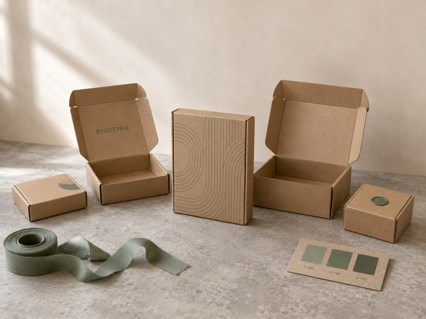 Five finished kraft mailer boxes of varied sizes arranged on a concrete benchtop with a sage cotton ribbon roll and a kraft swatch card showing three sage tone samples in the foreground